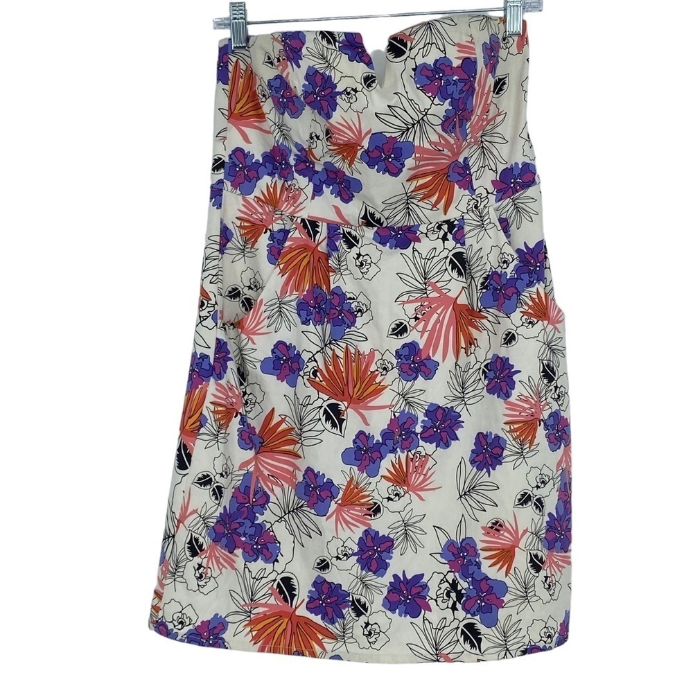 Francesca's strapless white mini dress with floral purple, pink & black print, M